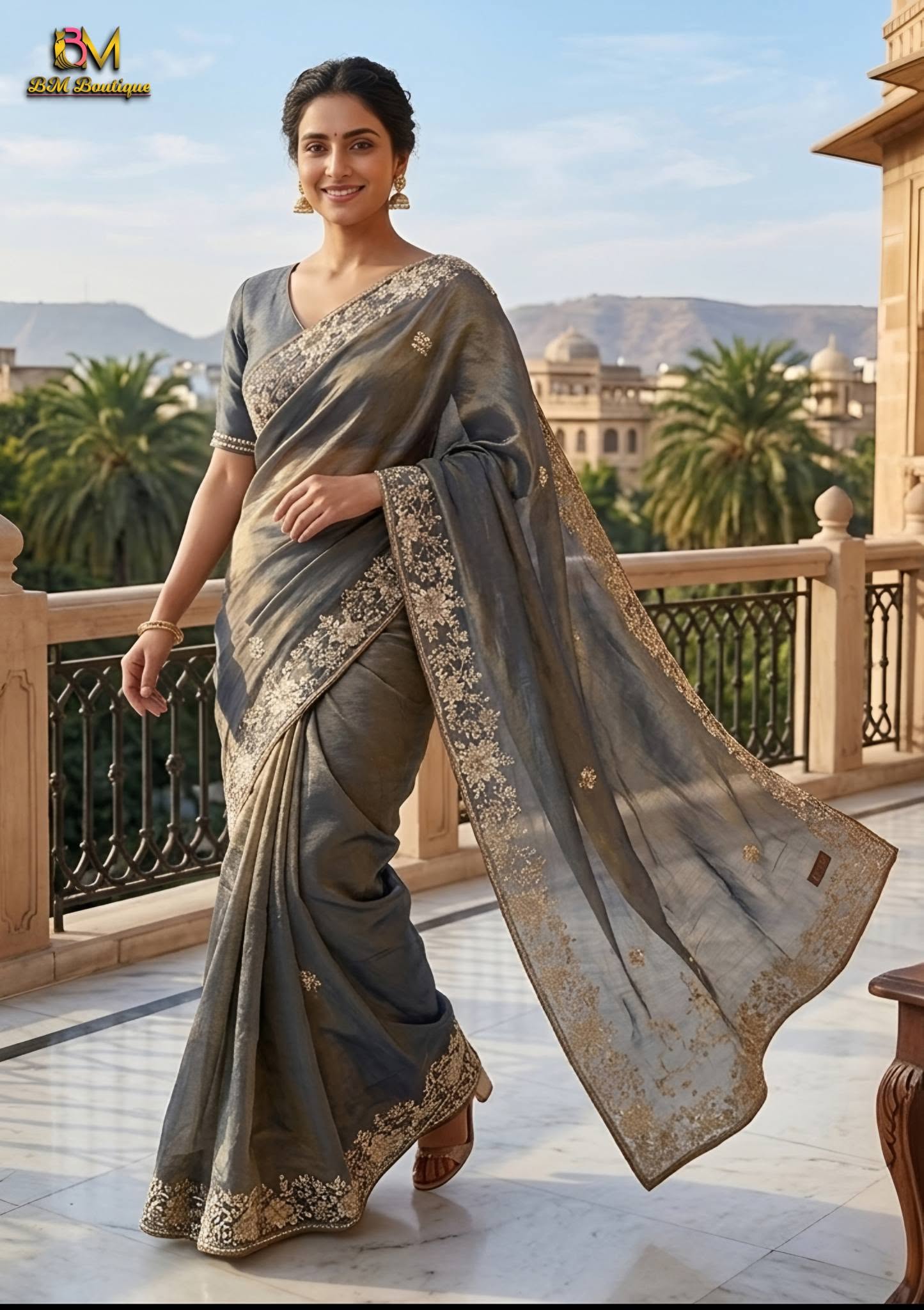 Grey embroidered saree