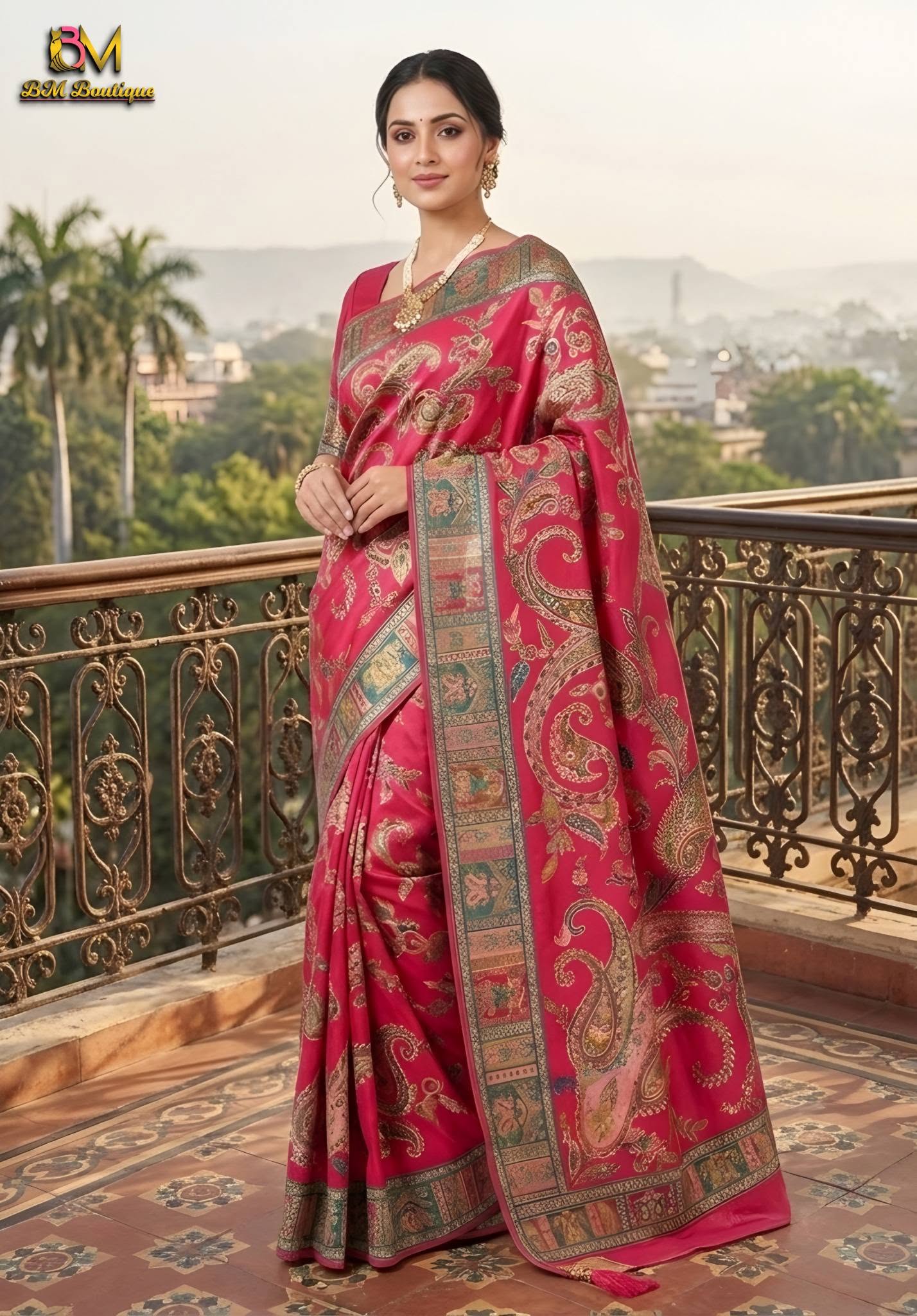 Pink paisley silk saree